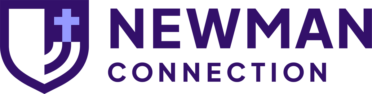 Logo of Newman Connection featuring a purple shield with a cross and three curved lines, symbolizing the spirit of Catholic youth groups, accompanied by the text NEWMAN CONNECTION in bold letters.