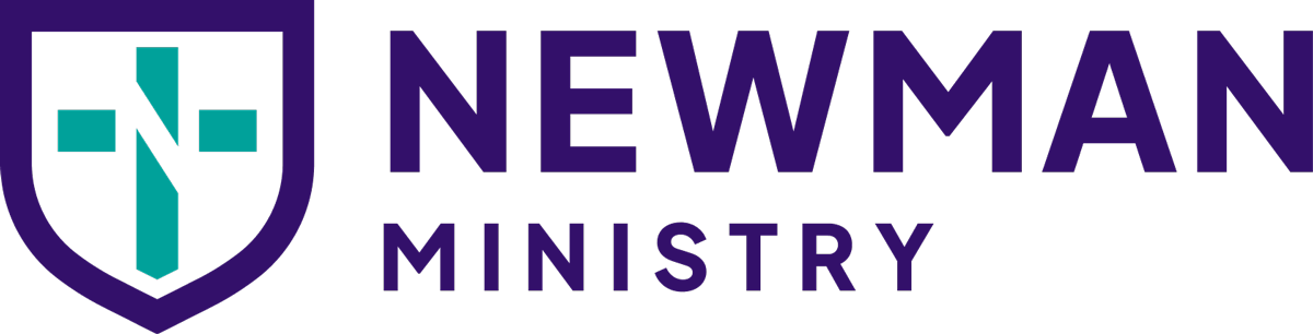 Logo of Newman Ministry featuring a purple shield with a teal cross and the words NEWMAN MINISTRY in purple text; ideal for Catholic colleges and vibrant Newman Center communities.