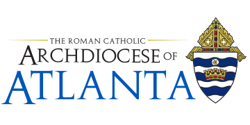 Logo of the Roman Catholic Archdiocese of Atlanta featuring a name and ornate crest with gold, blue, and white elements, symbolizing its close ties to local catholic colleges and their vibrant Newman center activities.