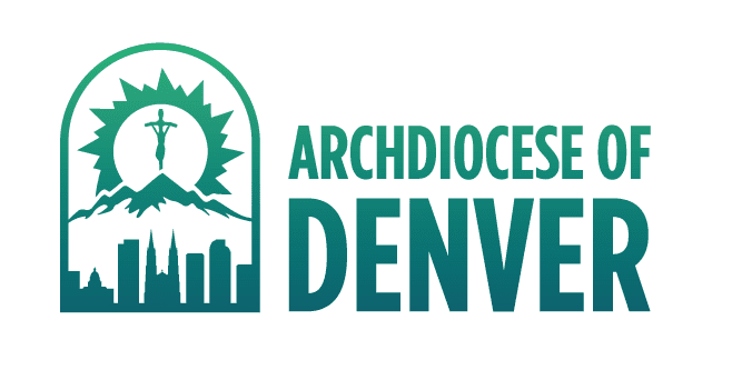 Logo of the Archdiocese of Denver featuring mountains, a crucifix, and a city skyline in green and blue shades, symbolizing its deep connection with catholic youth groups and ministry colleges.