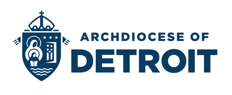 Logo of the Archdiocese of Detroit featuring religious symbols and text, embracing its dedication to Catholic youth groups.