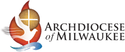 Logo of the Archdiocese of Milwaukee featuring a white dove, a cross, and flames, with text reading Archdiocese of Milwaukee. It symbolizes unity across ministry colleges and connects deeply with Catholic youth groups.