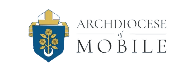 Logo of the Archdiocese of Mobile featuring a blue and gold shield with roses above a crescent, symbolizing its connection to Catholic colleges, next to the text Archdiocese of Mobile.