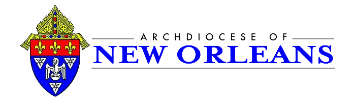 The logo of the Archdiocese of New Orleans displays a shield adorned with fleur-de-lis symbols and a mitre, accompanied by text reading ARCHDIOCESE OF NEW ORLEANS, embodying the spirit found in Newman Ministry colleges.