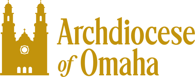 Logo of the Archdiocese of Omaha with a stylized cathedral silhouette and gold lettering, symbolizing its commitment to catholic youth groups and Newman ministry.