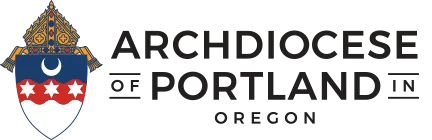 Logo of the Archdiocese of Portland in Oregon, featuring a mitre above a shield with stars and crescent design, reflecting its deep ties to Catholic colleges and Newman Center initiatives.