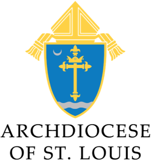 A blue and gold crest featuring a cross, crescent moon, and waves, topped with a mitre and adorned with tassels symbolizes the Diocese of St. Louis. This emblem also reflects their commitment to ministry colleges and the vibrant Newman Center spirit.