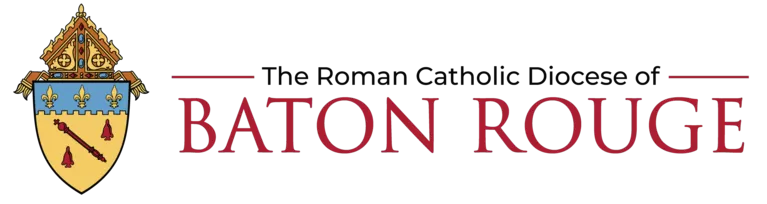 Logo of the Roman Catholic Diocese of Baton Rouge, featuring a crest with fleur-de-lis and a red cross, accompanied by the text "Baton Rouge," symbolizing its connection to local ministry colleges.