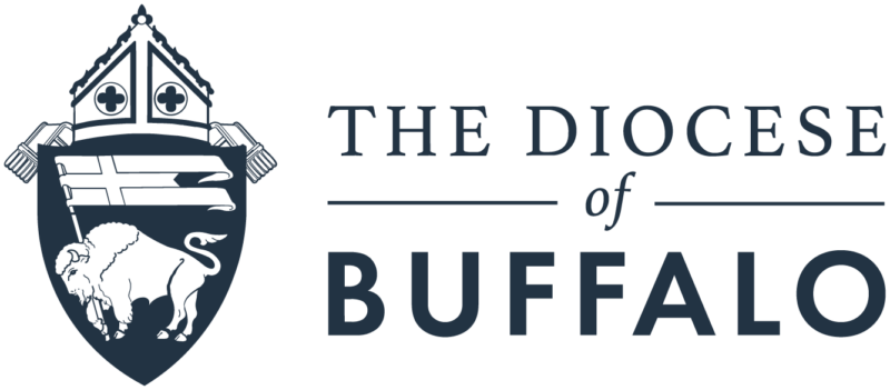 Logo of The Diocese of Buffalo featuring a shield with a buffalo and flag design, accompanied by text on the right, reflecting its commitment to ministry colleges and catholic youth groups.