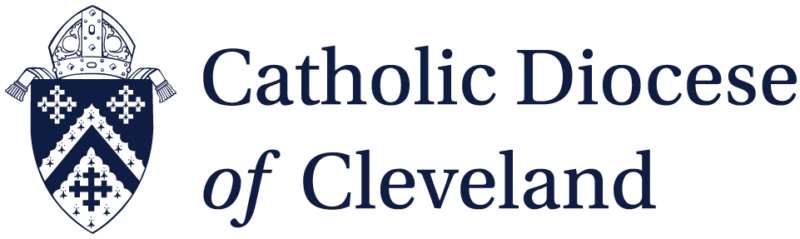 Logo of the Catholic Diocese of Cleveland featuring a blue shield with a mitre and cross patterns, symbolizing the vibrant community connections found in Catholic youth groups and Newman ministry.