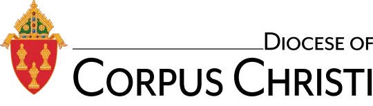 Logo of the Diocese of Corpus Christi featuring a red shield with gold towers and a detailed emblem above, accompanied by the text Diocese of Corpus Christi in black, symbolizing its strong ties to Catholic colleges and initiatives like Catholic youth groups.