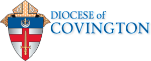 Logo of the Diocese of Covington featuring a shield with a cross and sword, adorned with a mitre above. Text to the right highlights its strong ties to Catholic youth groups, fostering community and faith among young believers.