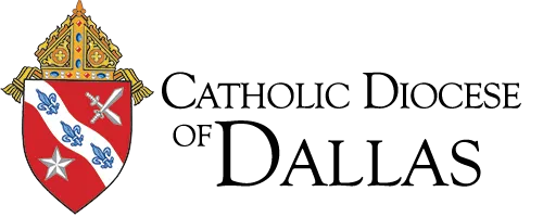 Logo of the Catholic Diocese of Dallas featuring a shield with fleur-de-lis, a sword, and a star, symbolizing its commitment to nurturing Catholic youth groups, next to the text Catholic Diocese of Dallas.