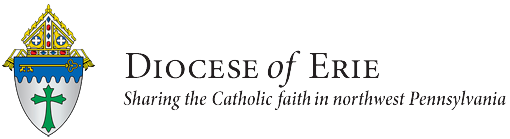 Logo of the Diocese of Erie featuring a shield emblem and text: Sharing the Catholic faith and supporting vibrant Catholic youth groups in northwest Pennsylvania.