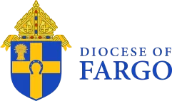 Logo of the Diocese of Fargo featuring a blue and yellow shield with a cross and a horseshoe, topped by a gold mitre, symbolizing its connection to Catholic colleges and the broader ministry within Newman Center communities.