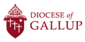 Logo of the Diocese of Gallup featuring a maroon silhouette of a church with the words DIOCESE of GALLUP in maroon capital letters to the right.