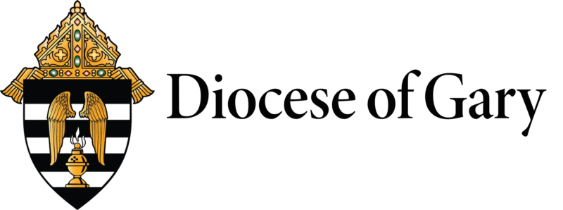 Logo of the Diocese of Gary featuring a shield with black and white checkered pattern, a golden mitre, and a chalice with a host, reflecting its connection to Catholic youth groups. It is accompanied by the text Diocese of Gary.