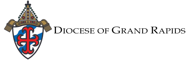 Logo of the Diocese of Grand Rapids featuring a shield with a cross and a mitre above, representing its commitment to catholic colleges and Newman Ministry, accompanied by the text Diocese of Grand Rapids.