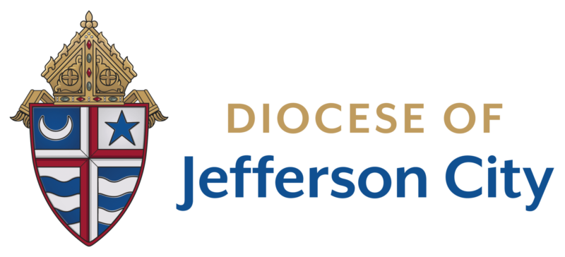 The image displays the Diocese of Jefferson City logo, showcasing a shield with a crescent moon, star, and cross, topped by a gold mitre. This emblem resonates strongly with Catholic colleges and youth groups in the region.