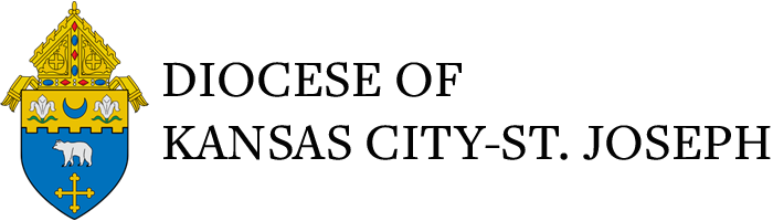 Logo of the Diocese of Kansas City-St. Joseph, featuring a shield with a bear, crescent moon, and cross, topped by a mitre—an emblem often seen at events hosted by local Catholic youth groups.