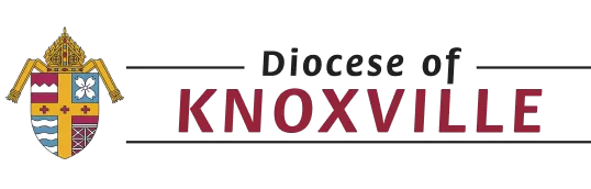 The logo of the Diocese of Knoxville showcases a red and gold shield adorned with religious symbols, complemented by the text "Diocese of Knoxville" in red and black. It's an emblem that resonates with the community, including Catholic youth groups and Newman Center enthusiasts.