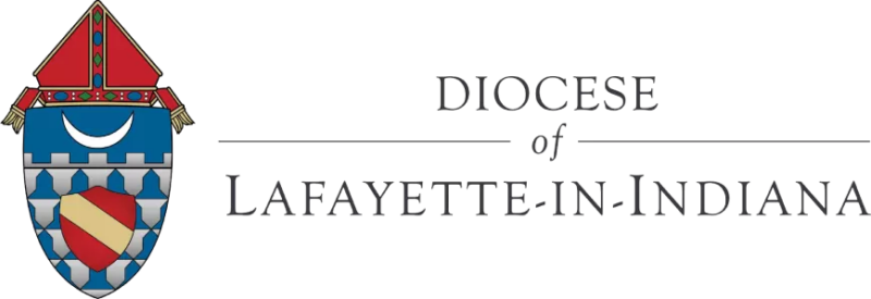 Logo of the Diocese of Lafayette-in-Indiana featuring a crest with a red, blue, and yellow shield and a red and blue mitre above, symbolizing its commitment to fostering Catholic youth groups.