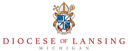 Logo of Diocese of Lansing, emblematic of Catholic colleges, featuring a crest with a white cross on a blue shield, surrounded by a bishop's hat and staff.