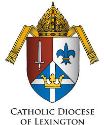 Emblem of the Catholic Diocese of Lexington featuring a mitre, sword, fleur-de-lis, and crown on a shield, symbolizing its dedication to ministry colleges and nurturing Catholic youth groups.