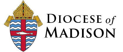 Emblem of the Diocese of Madison featuring a shield with waves, a cross, and a fish, representing Catholic youth groups, alongside text Diocese of Madison.