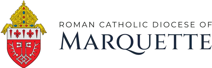 Logo of the Roman Catholic Diocese of Marquette, featuring a red shield and gold mitre, symbolizing its connection to Newman Ministry at local colleges.