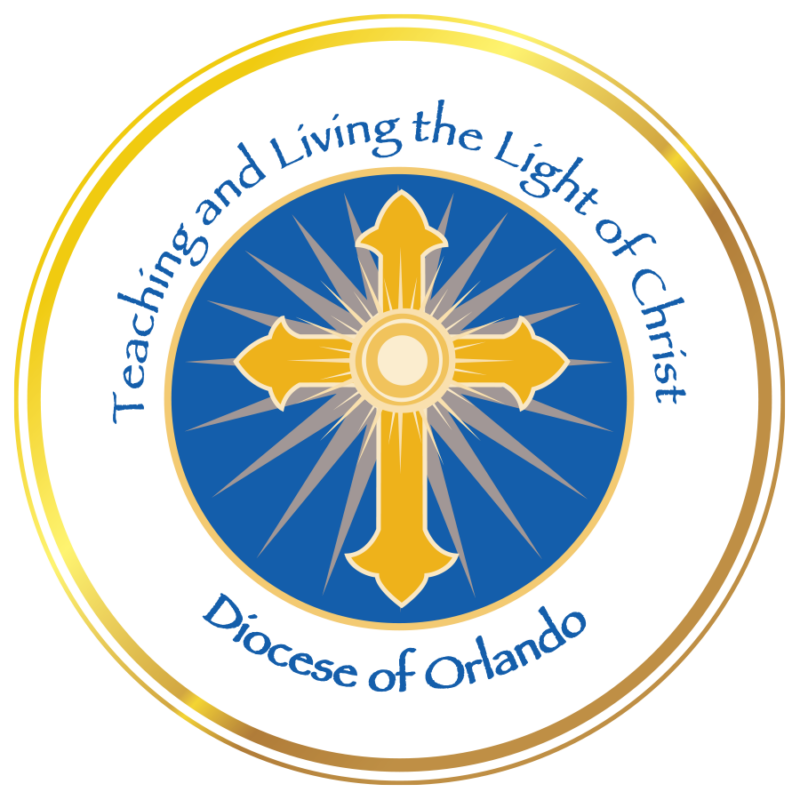 Circular emblem with a gold cross on a blue background, surrounded by the words Teaching and Living the Light of Christ and Diocese of Orlando, symbolizing our commitment to Catholic youth groups.