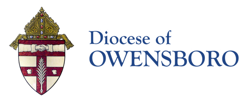 Logo of the Diocese of Owensboro with a shield featuring clasped hands and a plant, topped with a decorative gold emblem. Beside it, the text Diocese of Owensboro emphasizes its connection to Newman Ministry and college outreach efforts.