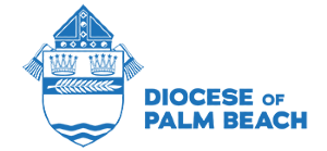 Blue logo of the Diocese of Palm Beach featuring a stylized shield and text, symbolizing its ties to Catholic youth groups and its support for Newman Ministry initiatives.