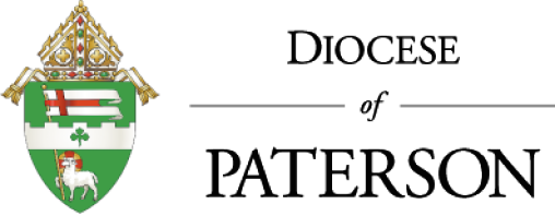 The logo of the Diocese of Paterson, often seen in catholic colleges and youth groups, features a bishop's hat above a shield adorned with symbolic imagery, including a cross and a lamb.