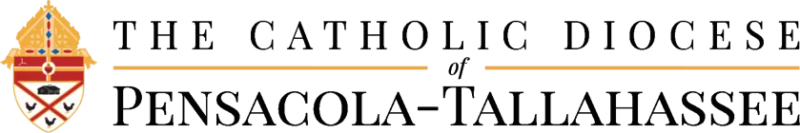 Logo of The Catholic Diocese of Pensacola-Tallahassee featuring a coat of arms and black text on a white background, embodying the spirit found in catholic colleges and inspiring catholic youth groups across the region.