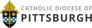 Logo of the Catholic Diocese of Pittsburgh featuring a coat of arms and text, highlighting its connection to the Newman Ministry for college students.