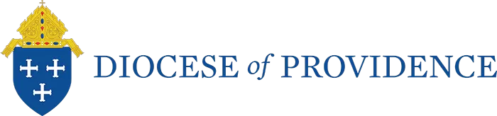 Logo of the Diocese of Providence featuring a golden bishop's hat and blue shield with three white crosses, alongside the text Diocese of Providence, embodying its dedication to ministry colleges and catholic youth groups.