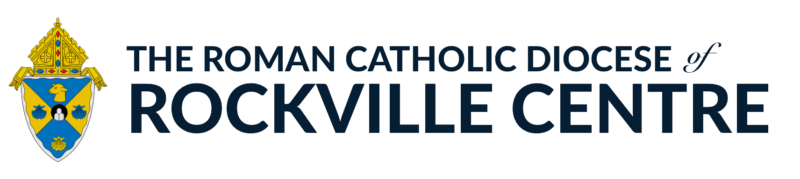 Logo of The Roman Catholic Diocese of Rockville Centre with a blue and gold shield featuring religious symbols and a mitre above, reflecting its connection to catholic colleges and newman ministry initiatives.