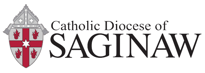 The logo of the Catholic Diocese of Saginaw features a red and gray shield adorned with a cross and maple leaves, alongside the text "Catholic Diocese of Saginaw" in black. It represents the diocese’s commitment to nurturing faith communities, including Catholic youth groups.