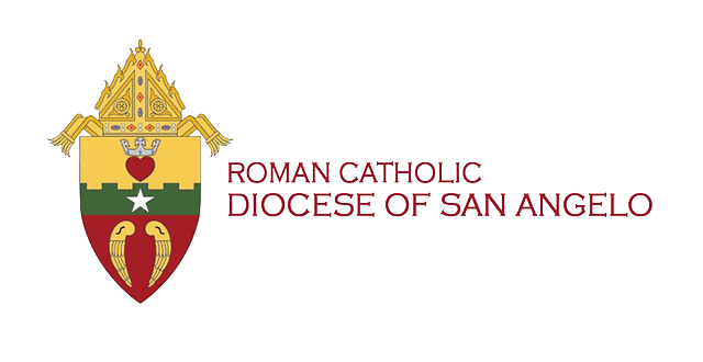 Logo of the Roman Catholic Diocese of San Angelo featuring a shield with symbols and a gold headdress above, reflecting the vibrant spirit of Catholic youth groups across the region.