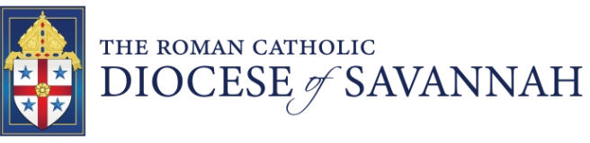 Logo of The Roman Catholic Diocese of Savannah, featuring a crest with a cross and stars alongside the text, embodying the spirit of Catholic colleges and their ministry commitment.