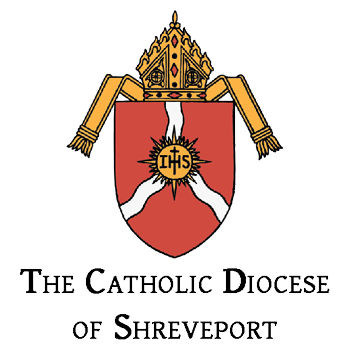 The emblem of the Catholic Diocese of Shreveport features a shield with a mitre on top, an IHS symbol in the center, and text below. This symbol inspires faith across catholic youth groups and highlights connections to Newman ministry initiatives.