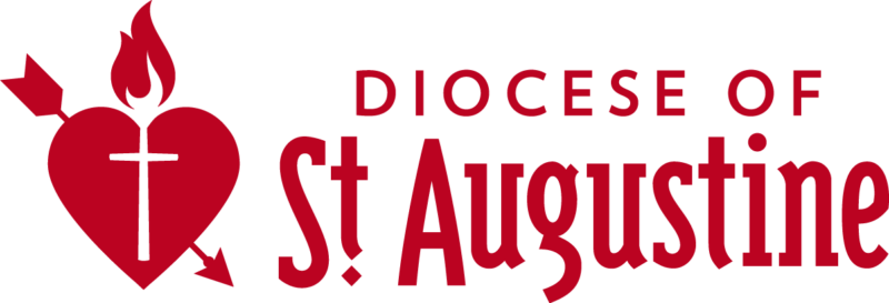 Logo of the Diocese of St. Augustine featuring a red heart with a cross, flame, and arrow, paired with "Diocese of St. Augustine," symbolizing its vibrant connection to catholic colleges and the Newman Ministry.