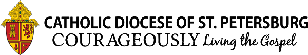 The logo of the Catholic Diocese of St. Petersburg, prominently showcasing a coat of arms, underscores its mission by boldly displaying the text "Courageously Living the Gospel," reflecting its commitment akin to that seen in Newman ministry at esteemed Catholic colleges.