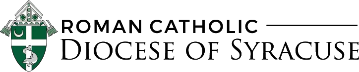 Logo of the Roman Catholic Diocese of Syracuse featuring a shield with a cross, crescent, and stars, alongside text representing its commitment to partnering with Catholic colleges in ministry.