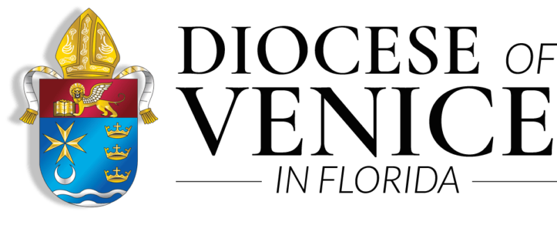 The logo of the Diocese of Venice in Florida, featuring a coat of arms with religious symbols and text, serves as an emblematic connection for Catholic youth groups across the region.