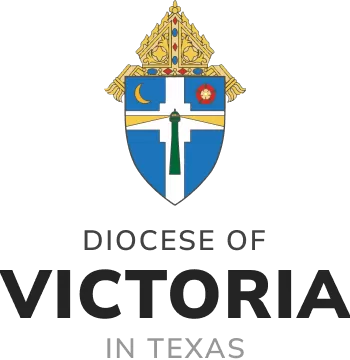 The coat of arms of the Diocese of Victoria in Texas features a blue shield adorned with religious symbols, reflecting its deep connection to Newman Ministry and its dedication to serving ministry colleges. Text below the emblem highlights its mission and values.