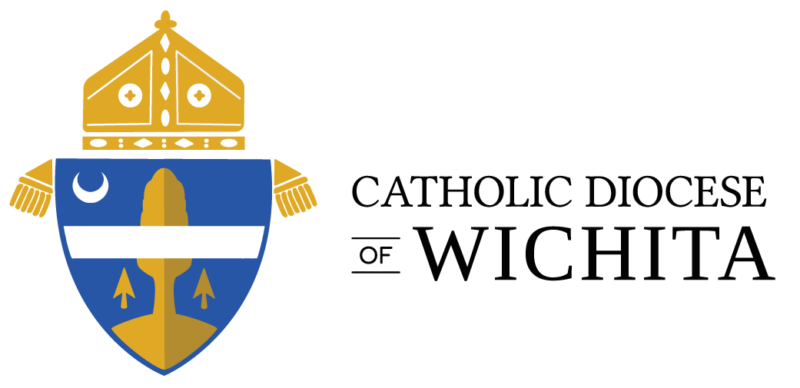 The logo of the Catholic Diocese of Wichita features a gold bishop's hat and a blue shield adorned with symbolic elements, embodying its rich tradition and connection to Catholic youth groups.