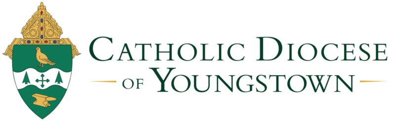 Logo of the Catholic Diocese of Youngstown featuring a shield with religious symbols, text, and elements representing Newman ministry on a white background.